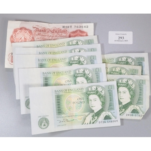 293 - Group of Bank of England bank notes to include: LK O'Brian ten shilling note and 7 Queen Elizabeth I... 