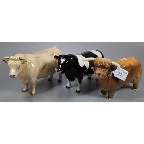 170 - Three Beswick bulls to include: a Highland cattle, Friesian and Charolais. Printed marks to hooves. ... 