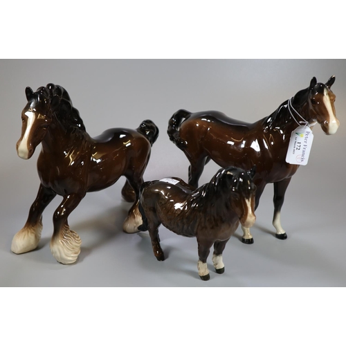 172 - Three Beswick bay horses of different breeds; Shire, Shetland pony etc. (3)
(B.P. 21% + VAT)