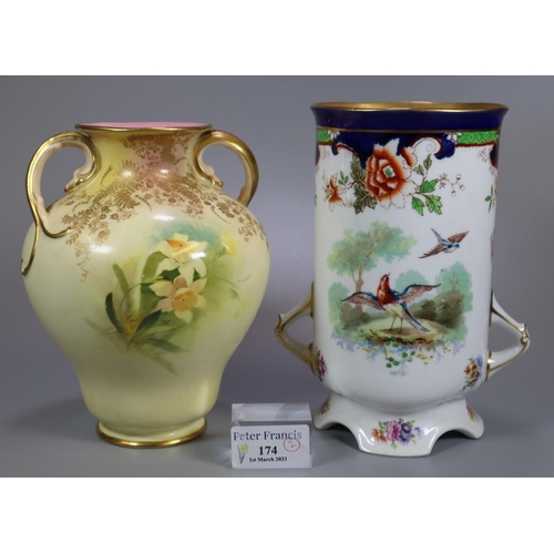 174 - Royal Doulton bone china 1057 two handled cylinder vase decorated with floral designs of vignettes o... 