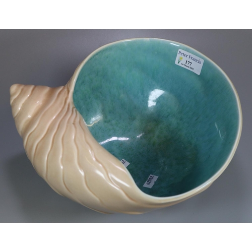 177 - Clarice Cliff design Wilkinson pottery shell shaped bowl with contrasting coloured interior.  Printe... 