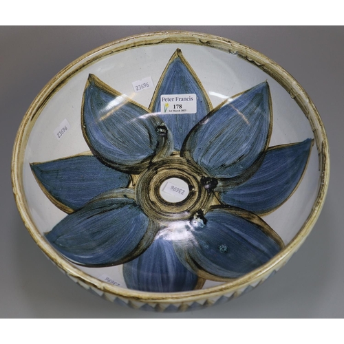 178 - Art Pottery glazed bowl with indistinct signature to base 'S t Luc'?.  27inch diameter approx.   (B.... 