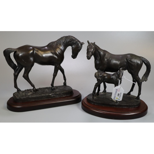 180 - Two modern bronzed composition studies of horses, mare and foal and another.  15cm high approx.   (B... 