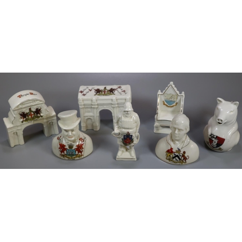 182 - Collection of Crested china items, to include: Marble Arch, Speaker's Chair, Fisherman and other fig... 