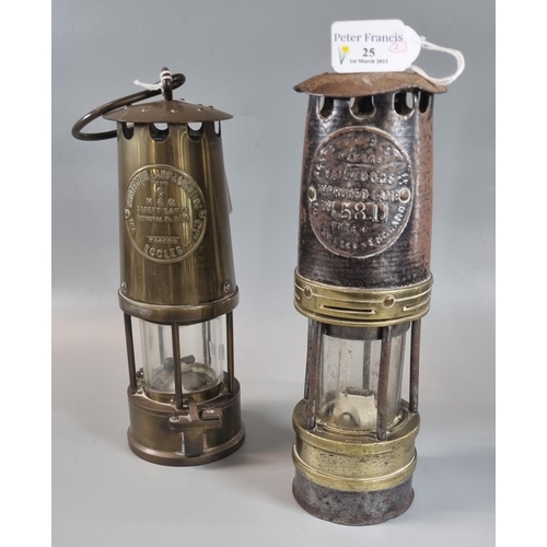 25 - Original brass miner's safety lamp, together with another similar by the 'Protector lamp and Lightin... 