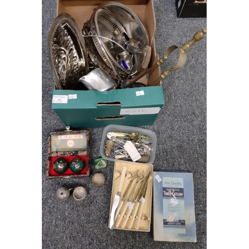 314 - Box of mostly metalware to include: fire tongs, Picquot ware milk jug, boxed set of cutlery, plated ... 