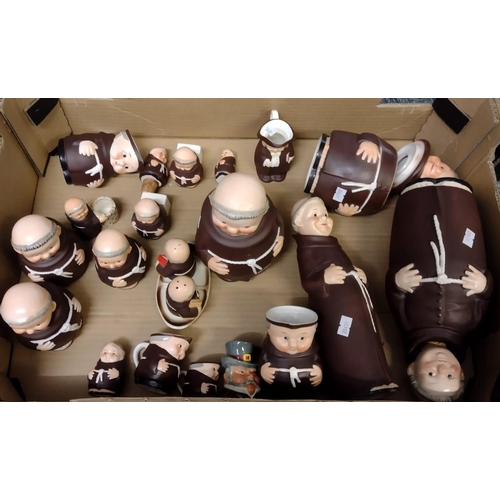 315 - Box of mostly Hummel W Goebel monk figures: jugs, pots with lids, salt and pepper, wine pitchers wit... 