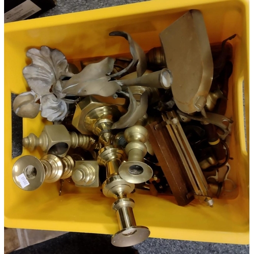 317 - Box of brassware to include: Art Nouveau style incomplete epergne, various brass candlesticks, fires... 