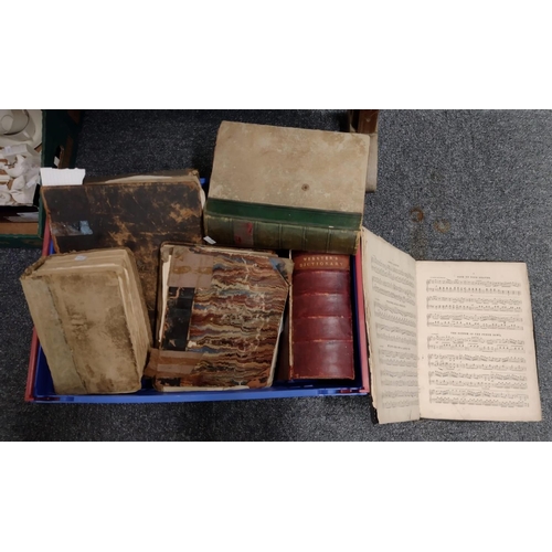 325 - Box of antiquarian books to include: large half Moroccan bound Webster's Dictionary 1880, published ... 