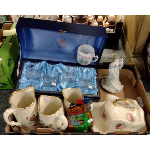 328 - Box of china and other items to include: Regency porcelain figure of a lady, moustache cup, floral c... 