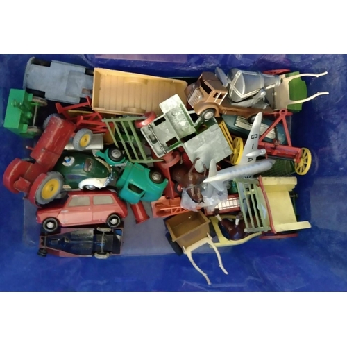 330 - Box of play worn diecast vehicles and toys to include: Dinky toys Royal Mail van, Dinky Toys 'Viking... 