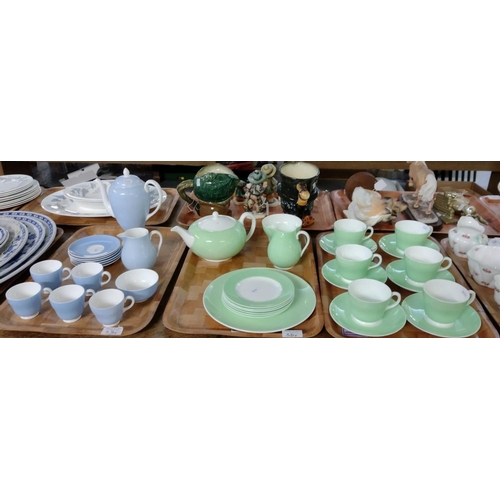 334 - Three trays of Wedgwood English bone china: teaware is pale green and cream, to include: teapot suga... 