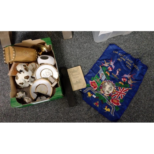 342 - Box of assorted items, to include: Staffordshire seated spaniel, pair of small china cats possibly S... 