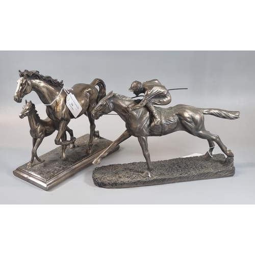 39 - Bronzed composition study of a racehorse with jockey up, together with another similar bronzed compo... 