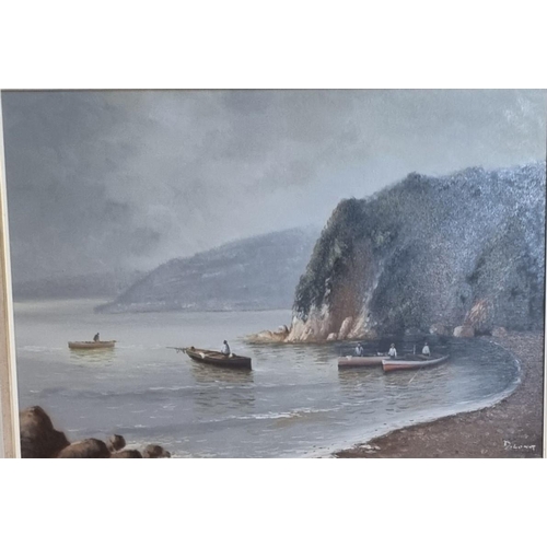 120 - D Long, fishing cobles in a quiet cove, signed.  Oils on canvas.  51x74cm approx.  Framed.   (B.P. 2... 