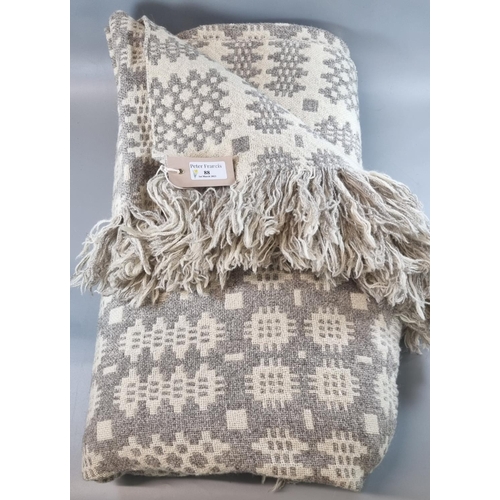 88 - Grey and cream vintage Welsh tapestry woollen blanket or carthen in traditional Caernarfon design wi... 