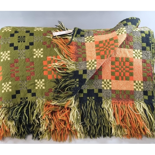 90 - Olive green ground vintage Welsh tapestry woollen blanket or carthen in geometric design with fringe... 