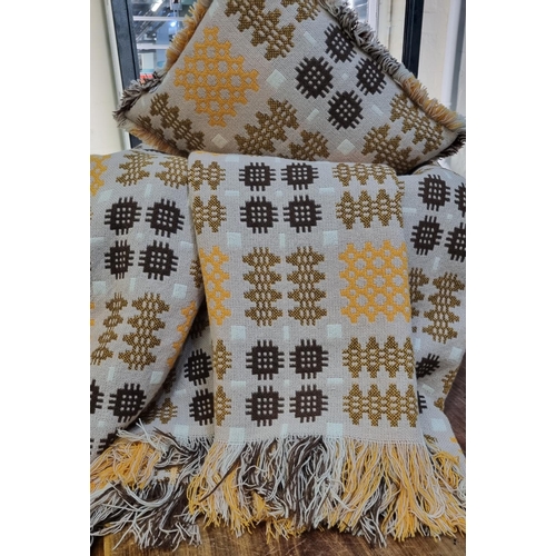 92 - Light brown ground Welsh tapestry fringed edge Caernarfon design blanket or carthen, together with a... 