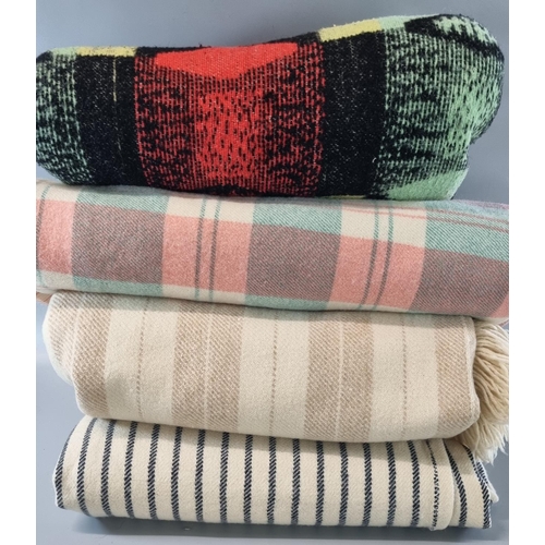 96 - Box containing four vintage blankets; one woollen check and two woollen narrow loom antique striped;... 