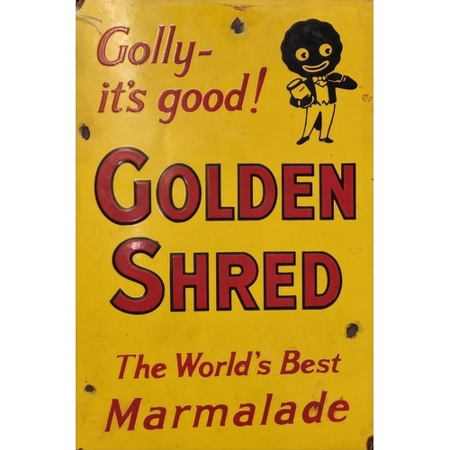 128 - Enamelled metal single sided advertising sign 'Golly - it's good! Golden Shred, the world's best mar... 