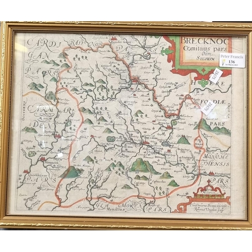 136 - Christopher Saxton and Robert Vaughan, original later coloured map of Brecknoc.  27x31cm approx.  Mo... 