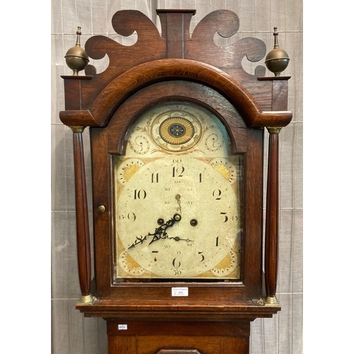 436 - Early 19th century welsh oak eight day two train lo9ng case clock with original painted face having ... 