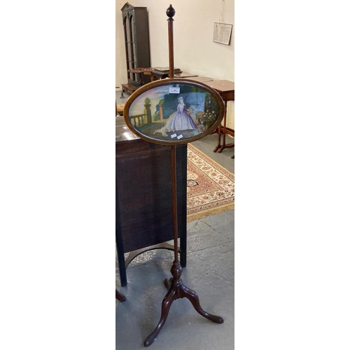 445 - Victorian mahogany adjustable pole/makeup screen on tripod base, the panel depicting Victorian lady ... 