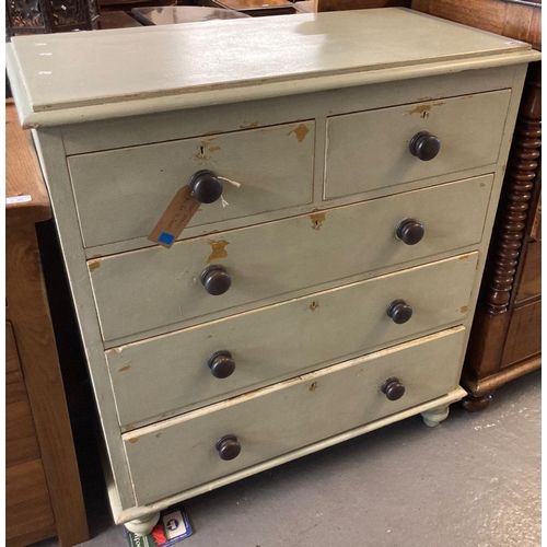 451A - Late Victorian painted pine chest of two short and three long drawers with turned handles on baluste... 