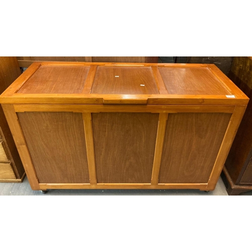 454 - Modern teak and pine blanket box with moulded and fielded panels.  120cm long approx.  (B.P. 21% + V... 