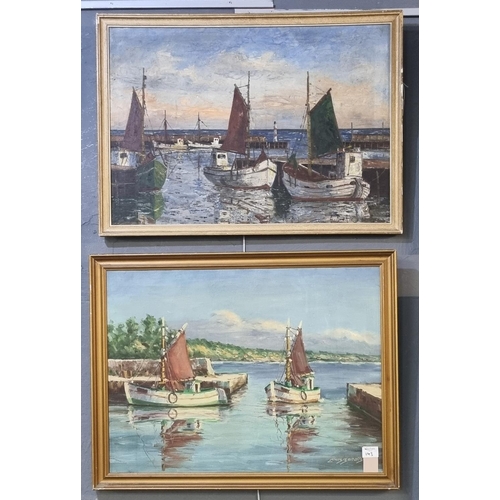 143 - E Brohm, fishing boats in a small harbour, signed, oils on canvas together with another similar sign... 