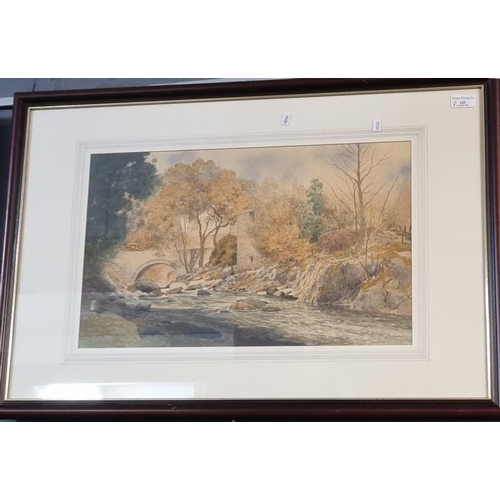 145 - Yates (British 19th century), river scene with bridge and mill, signed, watercolours.  34x53cm appro... 