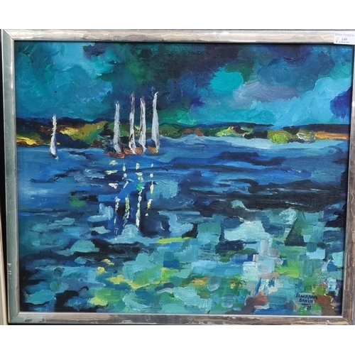 149 - Barbara Savin, seascape with sailing boats, signed dated '71, oils on canvas.  50x60cm approx.  Meta... 