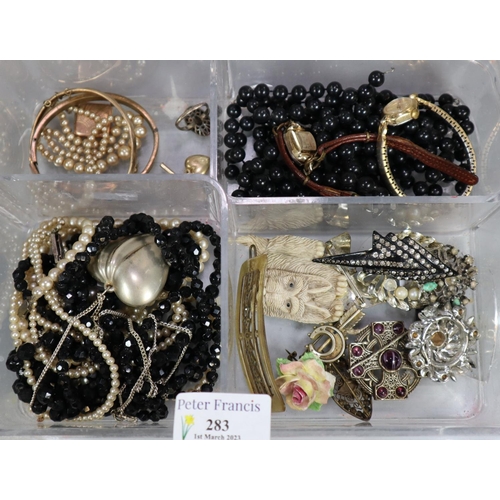 283 - Box of assorted costume jewellery: brooches bangles, necklaces, watches etc.   (B.P. 21% + VAT)