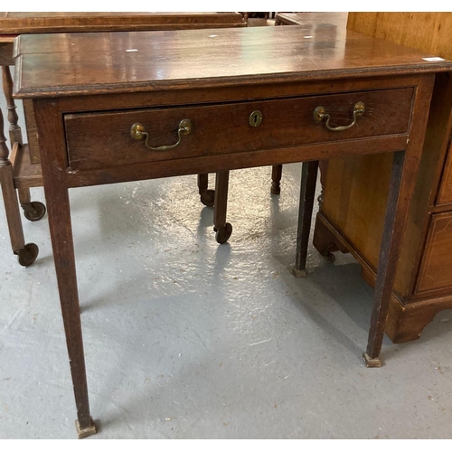 457 - 19th century oak side table, the moulded top above a single drawer with brass swan neck handles stan... 