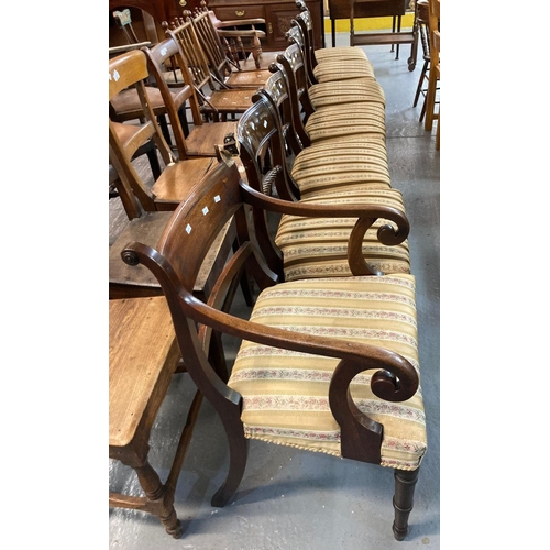 474 - Set of six regency mahogany dining chairs with inset top rails and rithen bars, stuff over seats on ... 