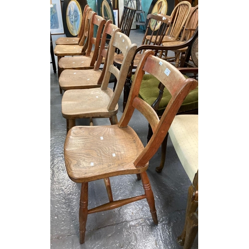 481 - Set of six very similar beech and elm Windsor bar backed kitchen chairs with moulded solid seats and... 