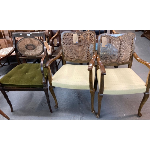 482 - Pair of mid 20th century beech framed elbow chairs with caned backs, stuff over seats and cabriole f... 