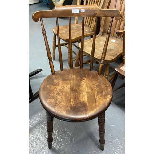 483 - Mid 20th century stained beech stick backed chair with circular moulded seat on ring turned legs.  (... 