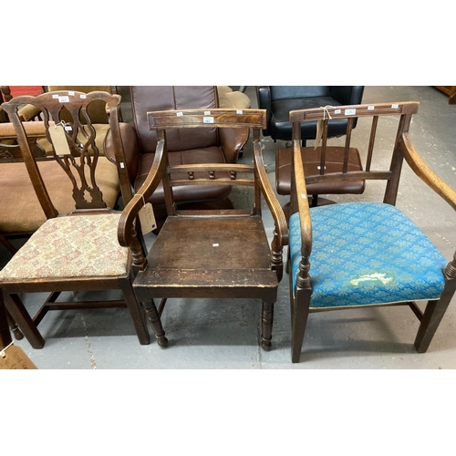 485 - Two similar early 19th century oak elbow chairs, one with stick back one with ball and rail back, to... 