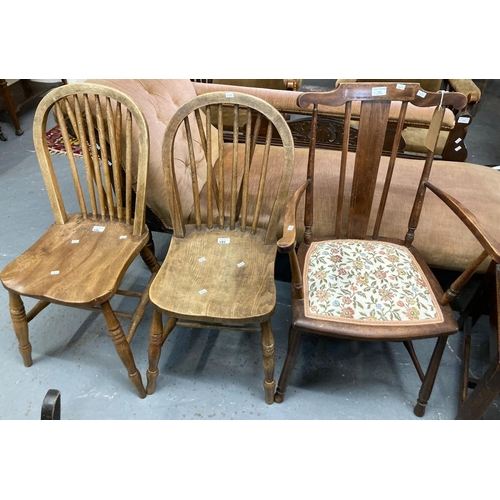 486 - Mid 20th century beech stick backed open armed side chair with padded seat on turned legs.  together... 