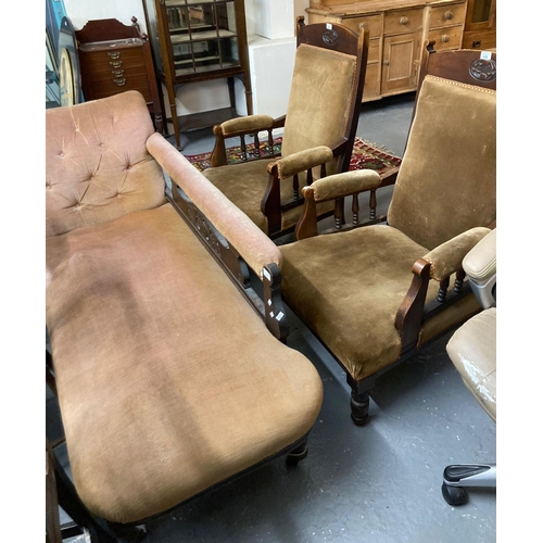 488 - Edwardian stained beech chaise longue together with a pair of similar upholstered fire side chairs. ... 