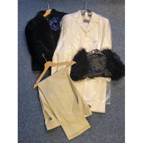 184 - Collection of lady's clothing to include: a Betty Barclay collection black faux fur jacket with deta... 