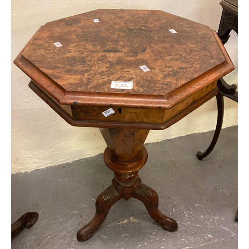 515 - Victorian walnut octagonal work box on carved tri-form base.   (B.P. 21% + VAT)