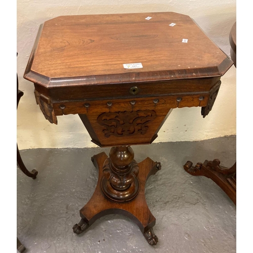 517 - Victorian rosewood octagonal workbox on concave quatrefoil scroll decorated base.   (B.P. 21% + VAT)