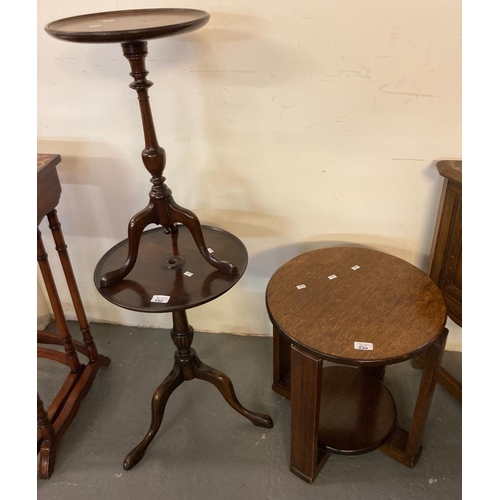 520 - Small oak Art Deco design lamp table of circular form together with two mahogany wine table with dis... 