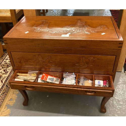 523 - Chinees hardwood carved sewing box, the exterior decorate with pagodas, figures and ships, the inter... 