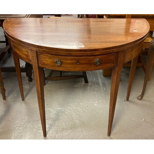 528 - 19th century mahogany inlaid bow front single drawer fold- over Demilune tea table on tapering legs.... 