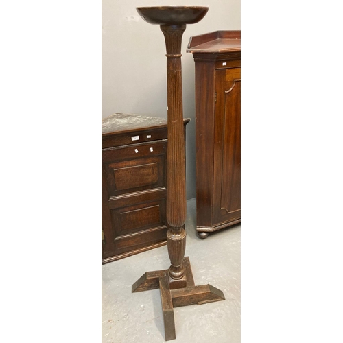 539 - Mahogany torchere stand, from a 19th century bed post now on an angular base with circular top.  24c... 