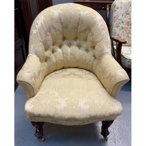 540 - Victorian fully upholstered button backed tub chair with stuff over seat on cabriole front legs with... 