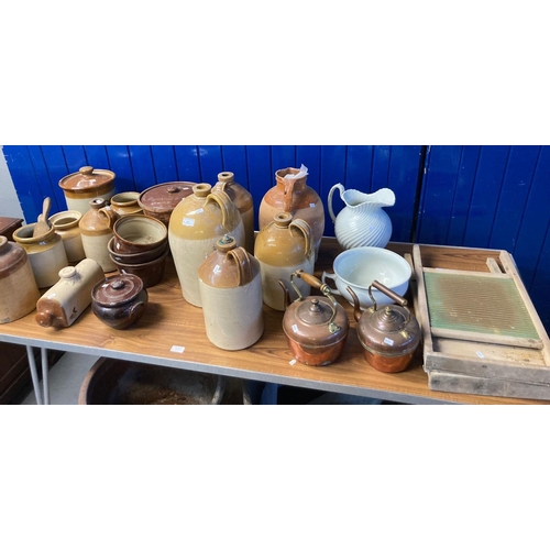 544 - Collection of assorted stoneware jars, egg crock, hot water bottle, pottery chamber pot and jug, two... 